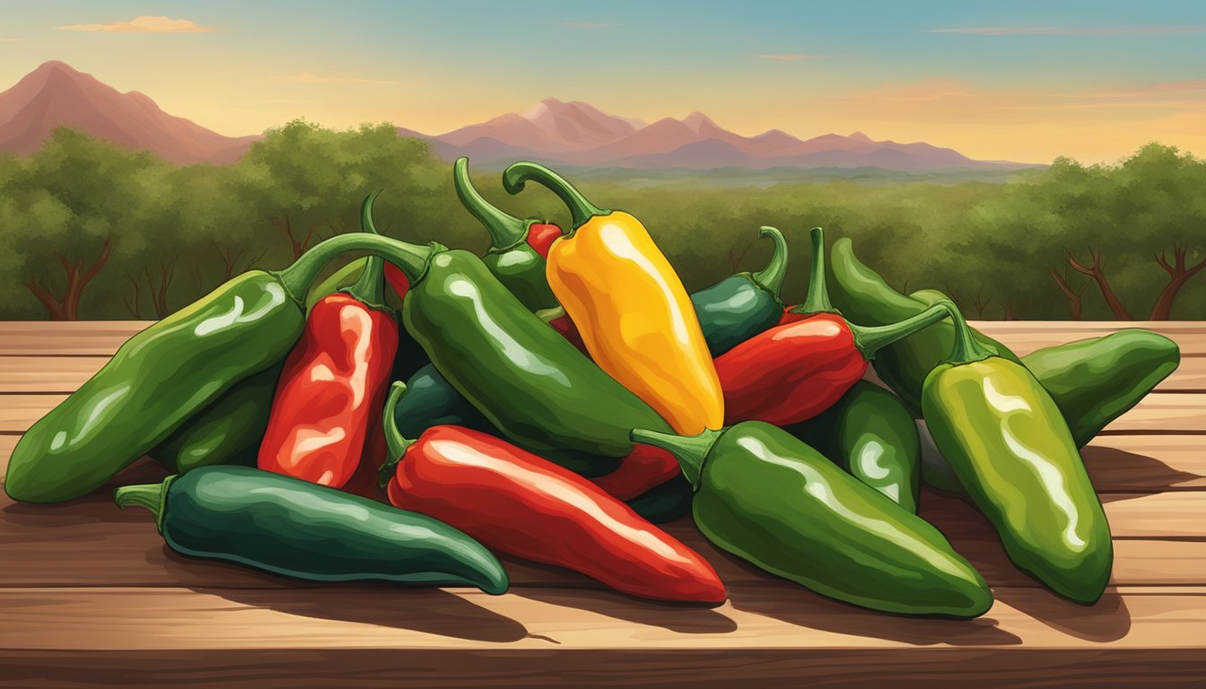 A colorful array of poblano peppers arranged on a rustic wooden table, with the Texas landscape in the background