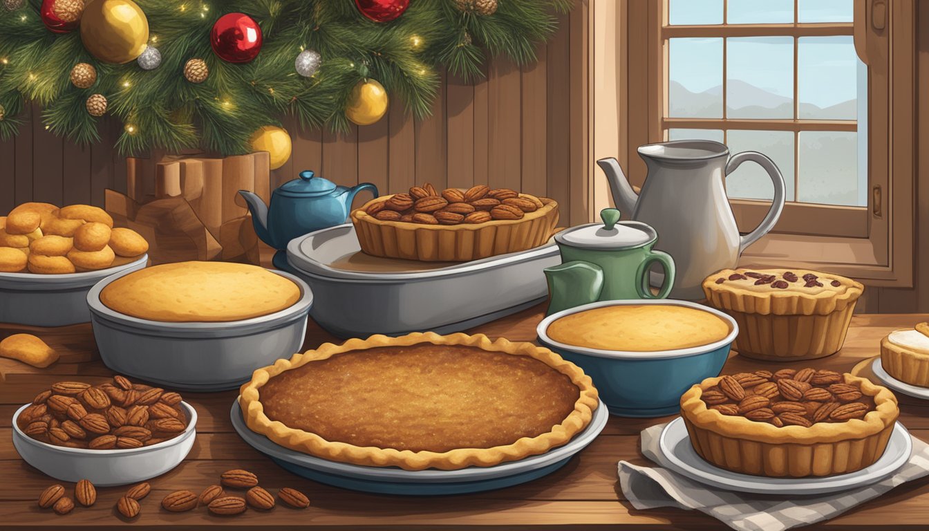 A rustic kitchen counter filled with pecan pies, cornbread, and kolaches, surrounded by festive Texan holiday decorations