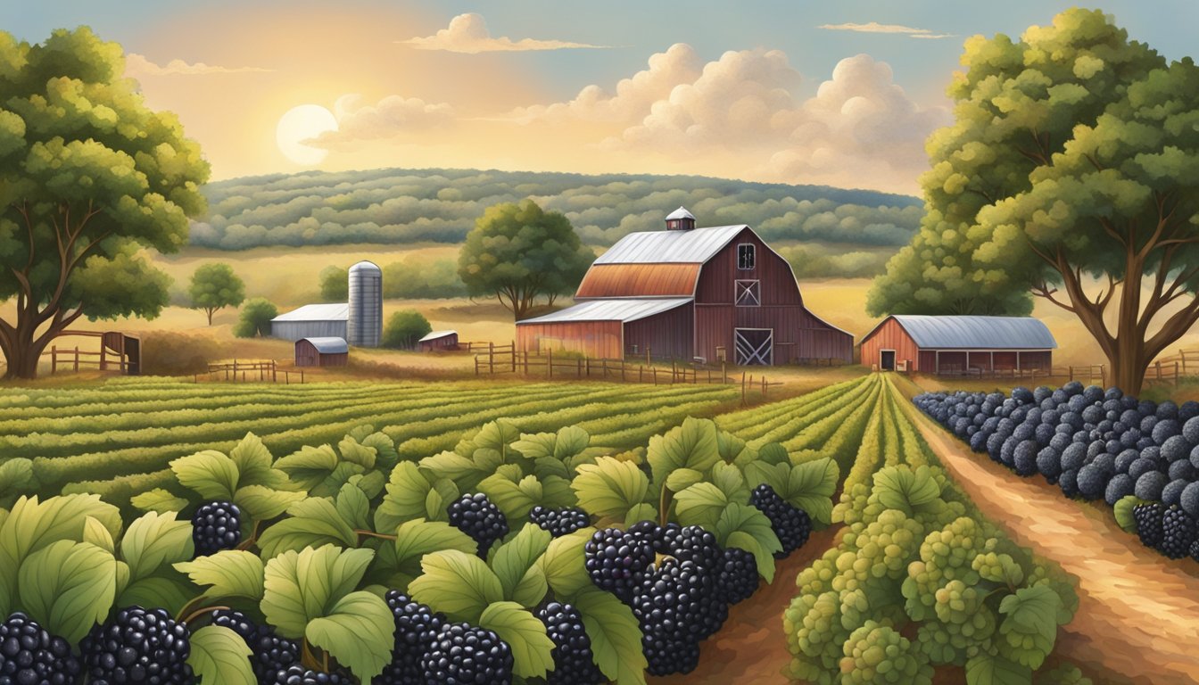 A bountiful Texas farm scene with ripe blackberry bushes surrounded by other high fiber produce