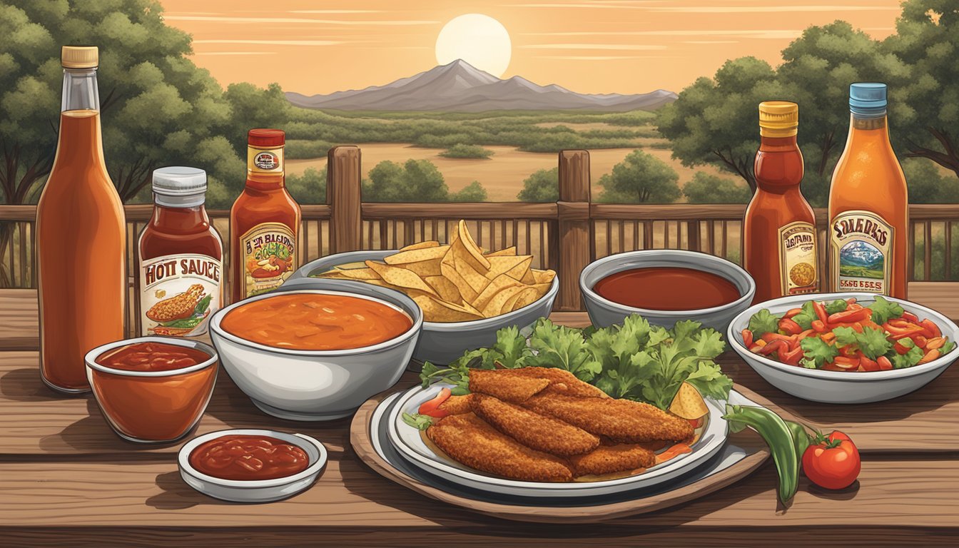 A table set with classic Texas dishes, with bottles of hot sauce, barbecue sauce, and salsa adding a southern kick