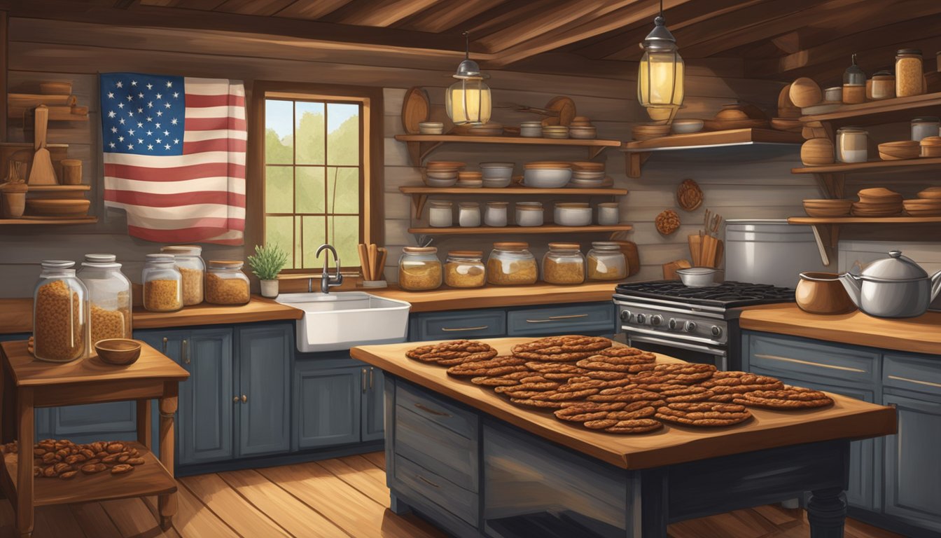 A rustic kitchen filled with pecans, cinnamon, and jars of local honey. A warm oven emits the scent of freshly baked pecan pies and cinnamon rolls, while a festive Texas flag hangs on the wall