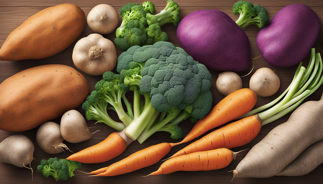 A colorful array of sweet potatoes, carrots, and broccoli on a wooden table, representing the top 10 high fiber produce from Texas