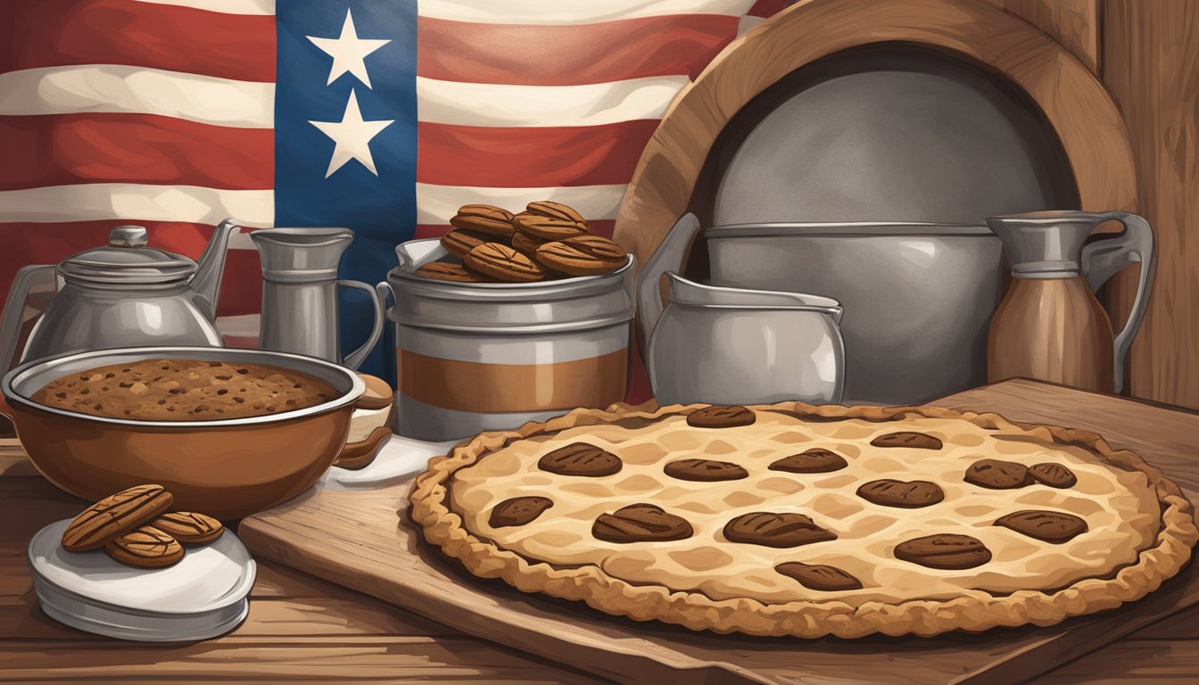 A rustic kitchen with a rolling pin, cookie cutters, and a spread of Texas-shaped cookies and pecan pies. A lone star flag hangs on the wall