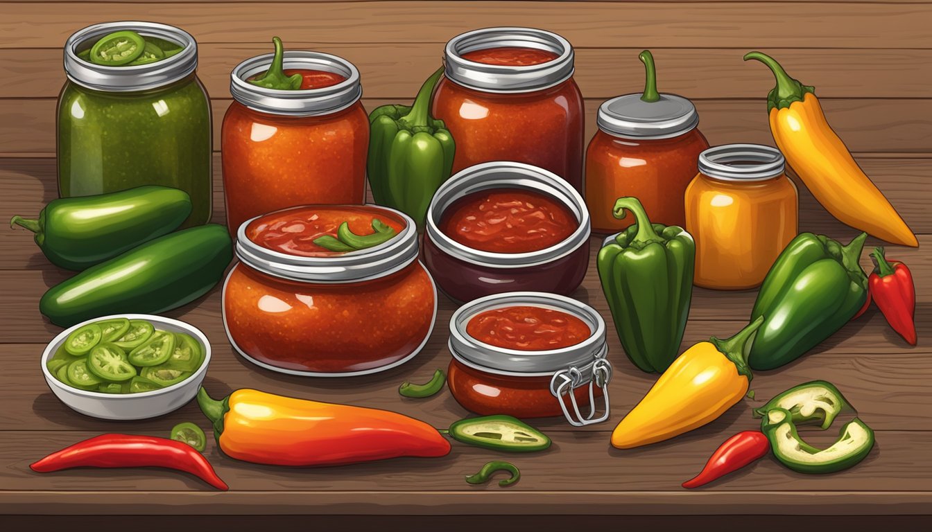 A rustic wooden table with jars of spicy salsa, tangy barbecue sauce, and zesty hot sauce, surrounded by fresh jalapenos and colorful bell peppers