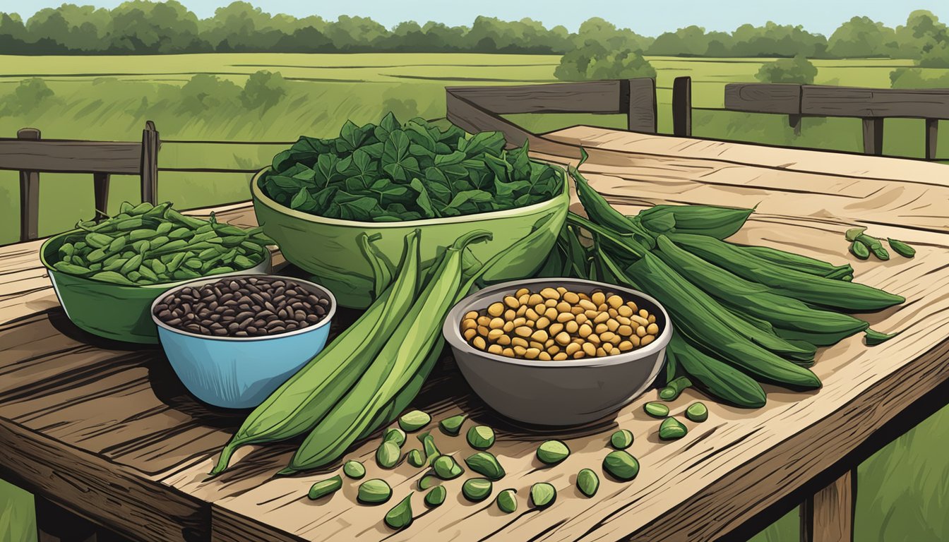 A colorful array of fresh Black-Eyed Peas, okra, and collard greens arranged on a rustic wooden table, with a Texas landscape in the background