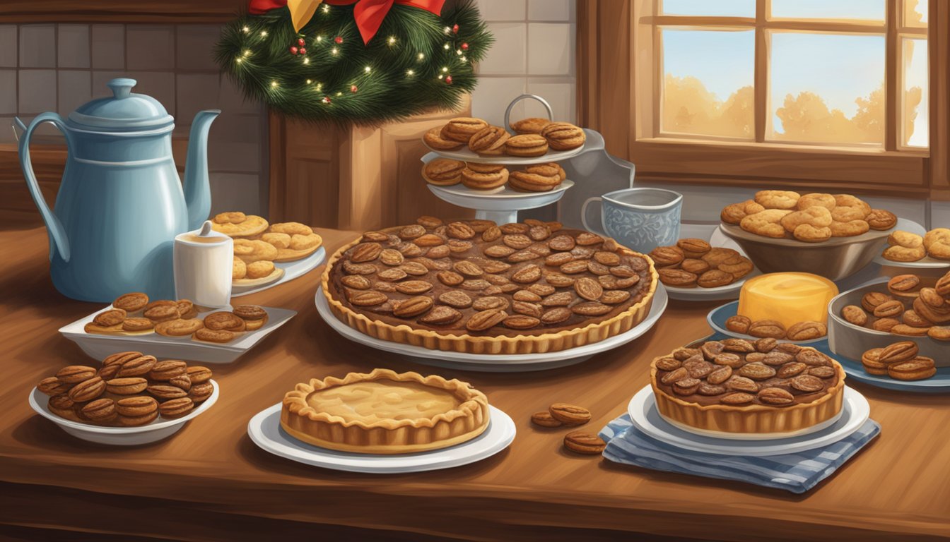 A table adorned with pecan pies, kolaches, and cowboy cookies under a "Happy Holidays" banner. A warm, inviting kitchen filled with the aroma of freshly baked goods