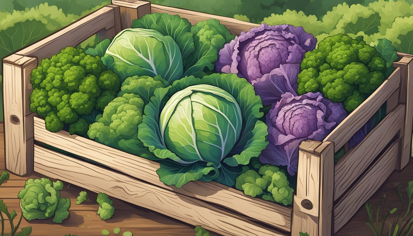 A colorful assortment of cabbage heads, kale leaves, and broccoli florets arranged in a rustic wooden crate, surrounded by the lush greenery of a Texas farm