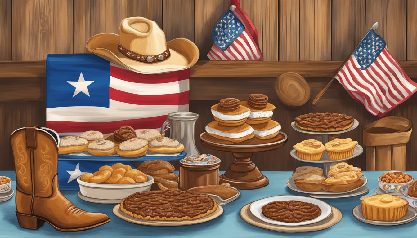 A table adorned with Texan holiday treats, including pecan pie, kolaches, and gingerbread shaped like cowboy boots, with a backdrop of Texas flags and cowboy hats