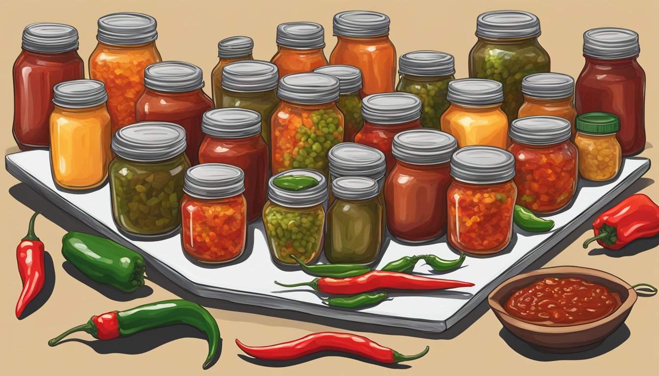 A table filled with jars of spicy salsa, tangy BBQ sauce, and zesty chili peppers, evoking the flavors of Texas cuisine