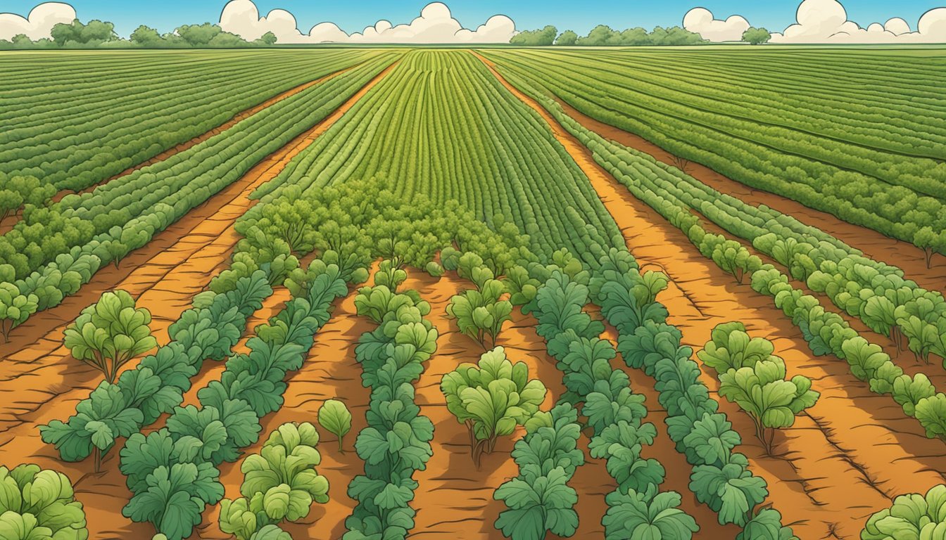 A vibrant field of carrots growing in the Texas sun, surrounded by other high-fiber produce