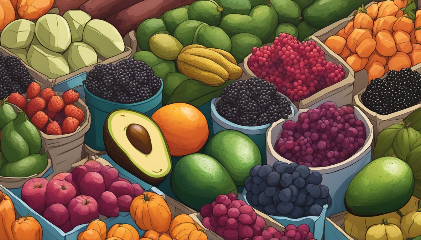 A colorful array of high fiber produce from Texas, including avocados, blackberries, and sweet potatoes, arranged in a vibrant display at a farmer's market