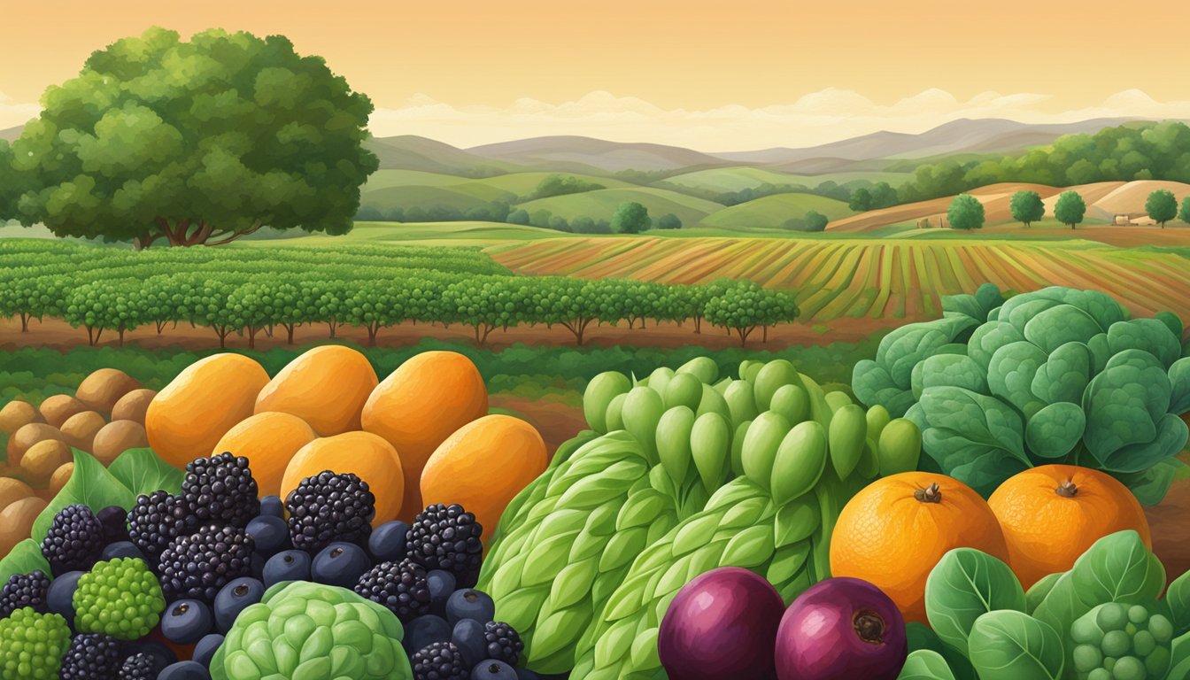 Lush Texas farmland with rows of high fiber produce: blackberries, spinach, artichokes, broccoli, Brussels sprouts, pears, avocados, oranges, sweet potatoes, and peas