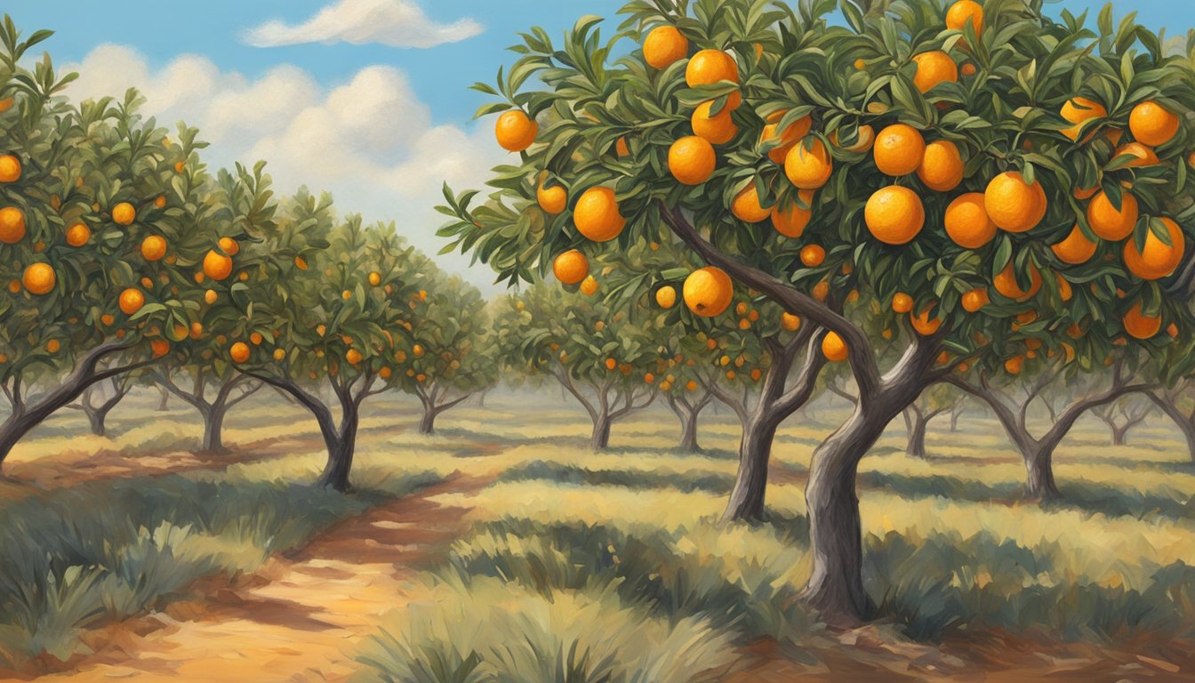 A vibrant Texas orange grove under a clear winter sky, with ripe oranges hanging from the branches and a guide leading a tour