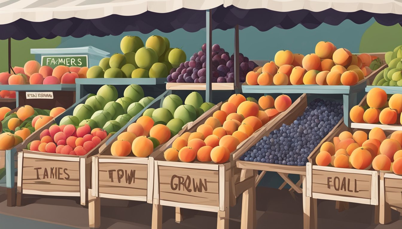 A vibrant farmers market stall overflowing with ripe peaches, plums, and watermelons, all proudly labeled as locally grown in Texas