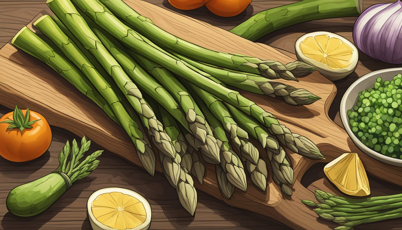 Fresh asparagus, along with other seasonal vegetables, arranged on a wooden cutting board