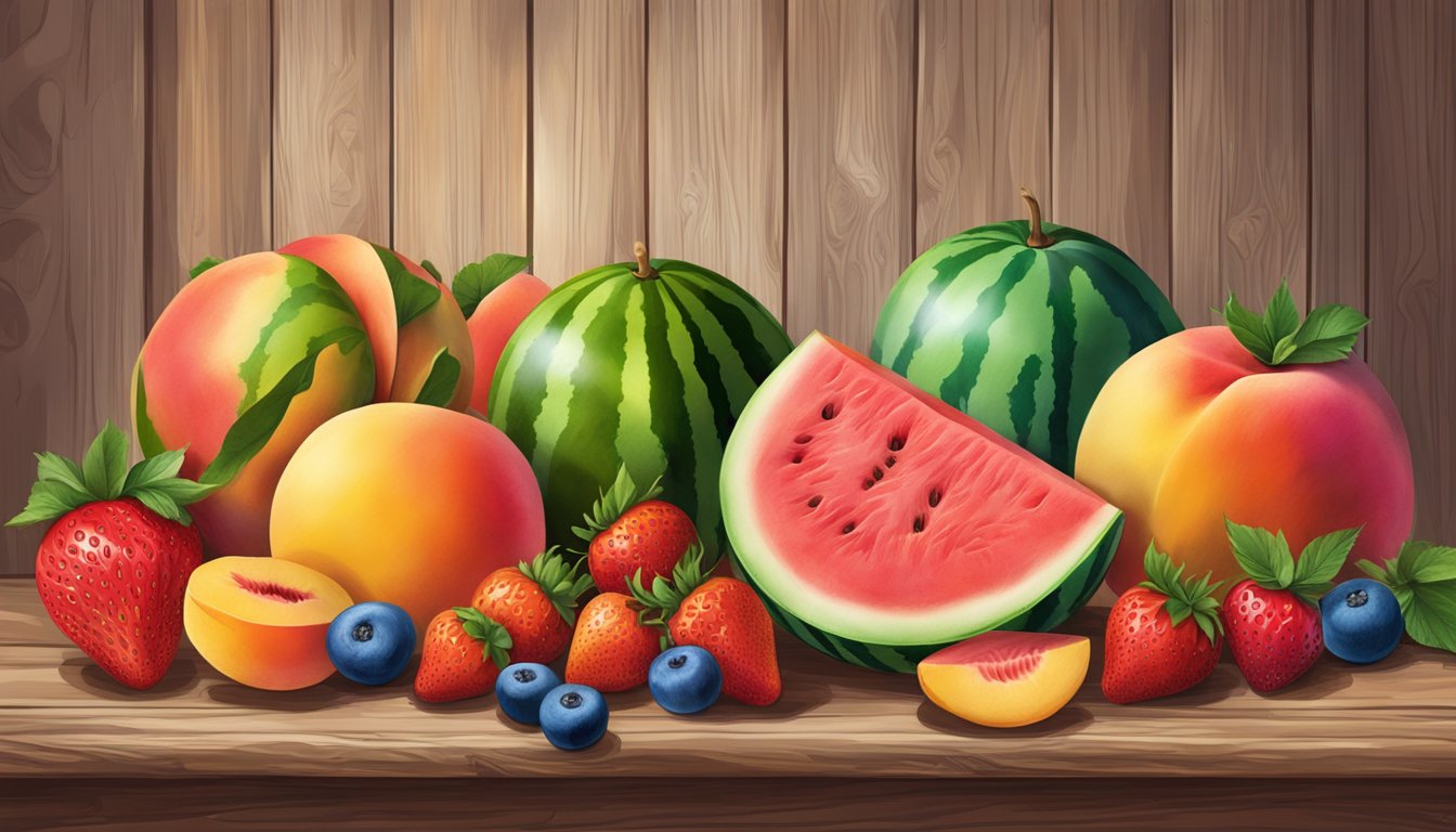 A colorful assortment of Texas fruits, including juicy watermelon, plump peaches, and vibrant strawberries, arranged on a rustic wooden table