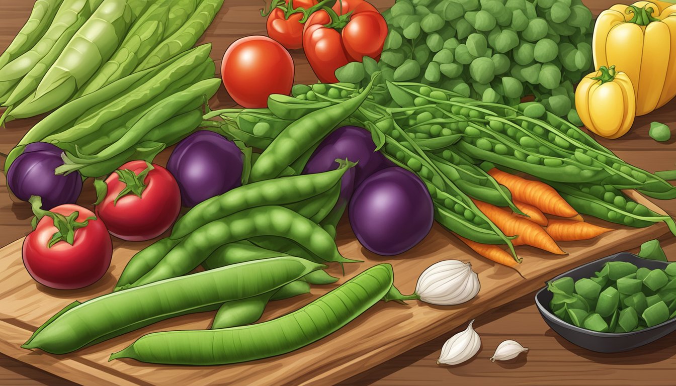 A variety of fresh vegetables, including snap peas, arranged on a wooden cutting board