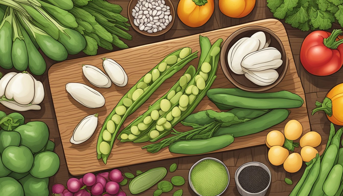 A variety of fresh fava beans and other seasonal vegetables arranged on a wooden cutting board