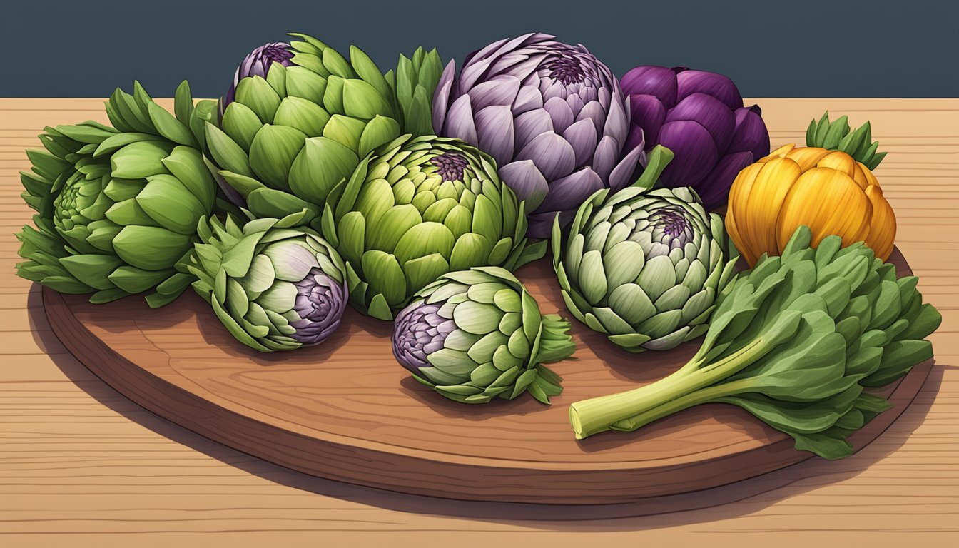 A colorful array of artichokes, along with other fresh seasonal vegetables, arranged on a wooden cutting board