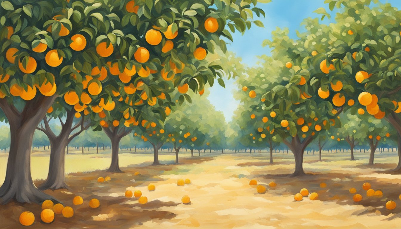 A sunny Texas orchard with ripe oranges hanging from leafy trees, surrounded by a clear blue sky and gentle breeze