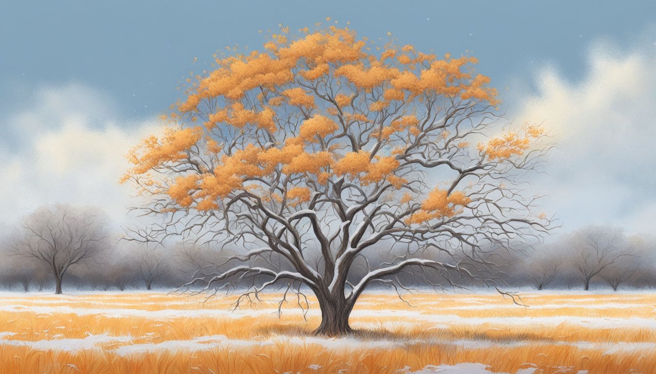 A lone orange tree in a Texas orchard, bare branches dusted with snow, surrounded by dormant grass and a clear winter sky