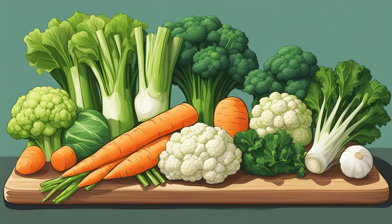 A colorful array of leeks, carrots, spinach, kale, broccoli, cauliflower, and asparagus arranged on a wooden cutting board