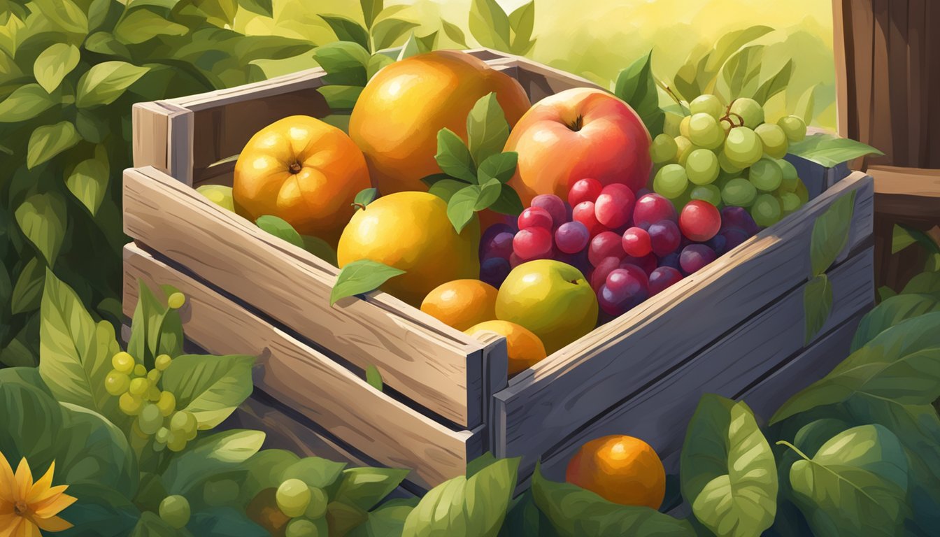 A rustic wooden crate overflowing with vibrant, ripe Texas fruits, surrounded by lush greenery and golden sunlight