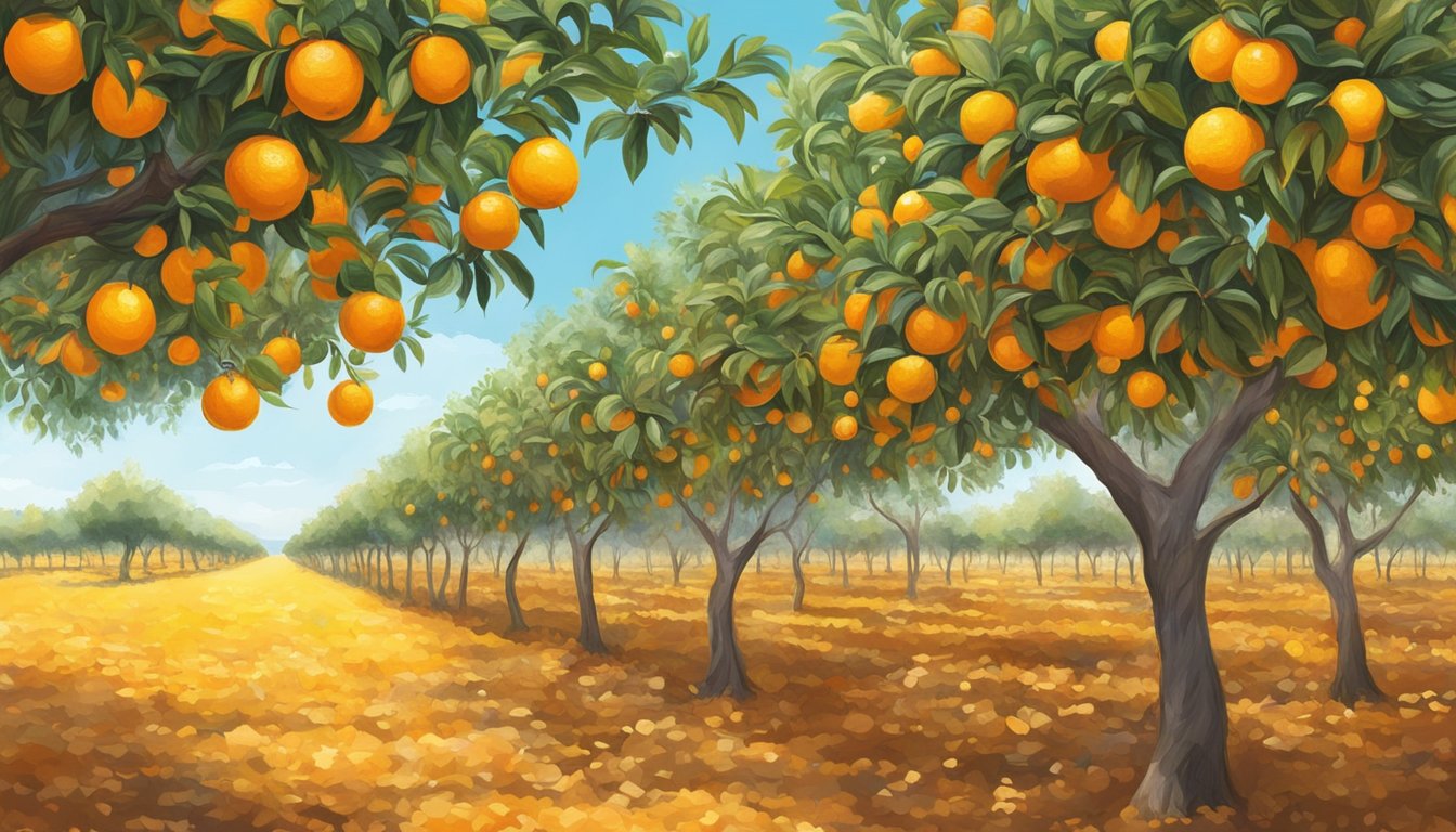 A vibrant orange grove in Texas, with ripe citrus fruits hanging from the trees, under the bright winter sun