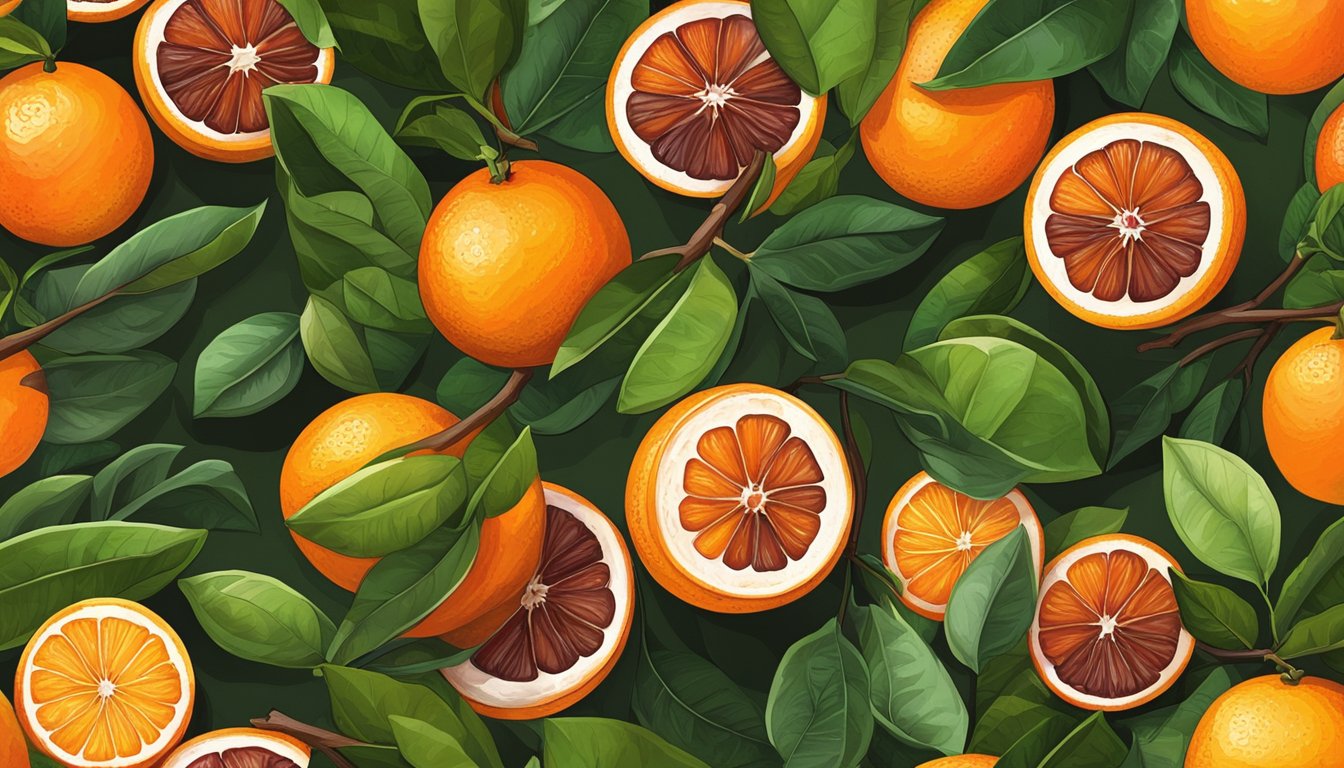 A colorful array of winter oranges, including blood oranges and tangelos, displayed on a rustic wooden table with vibrant green leaves scattered around