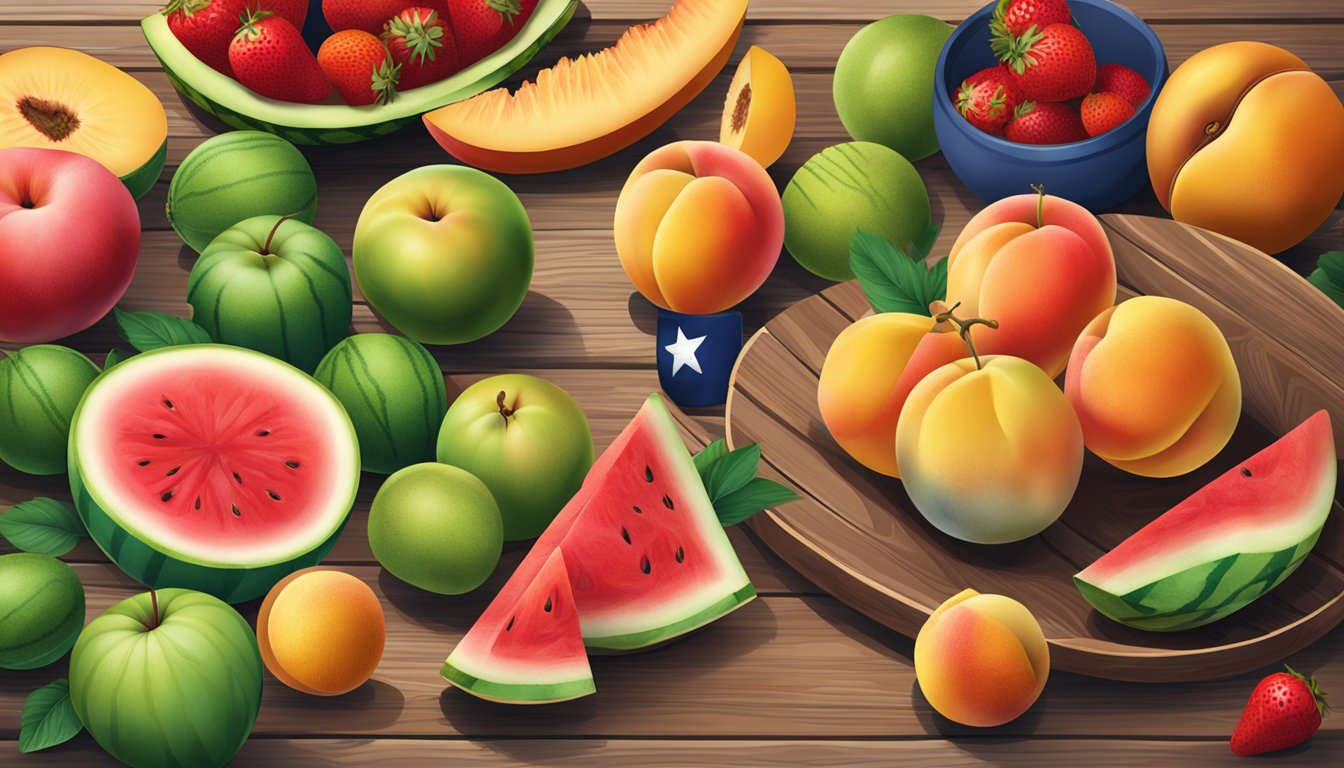 A colorful array of Texas fruits, including juicy watermelon, plump peaches, and vibrant strawberries, displayed on a rustic wooden table