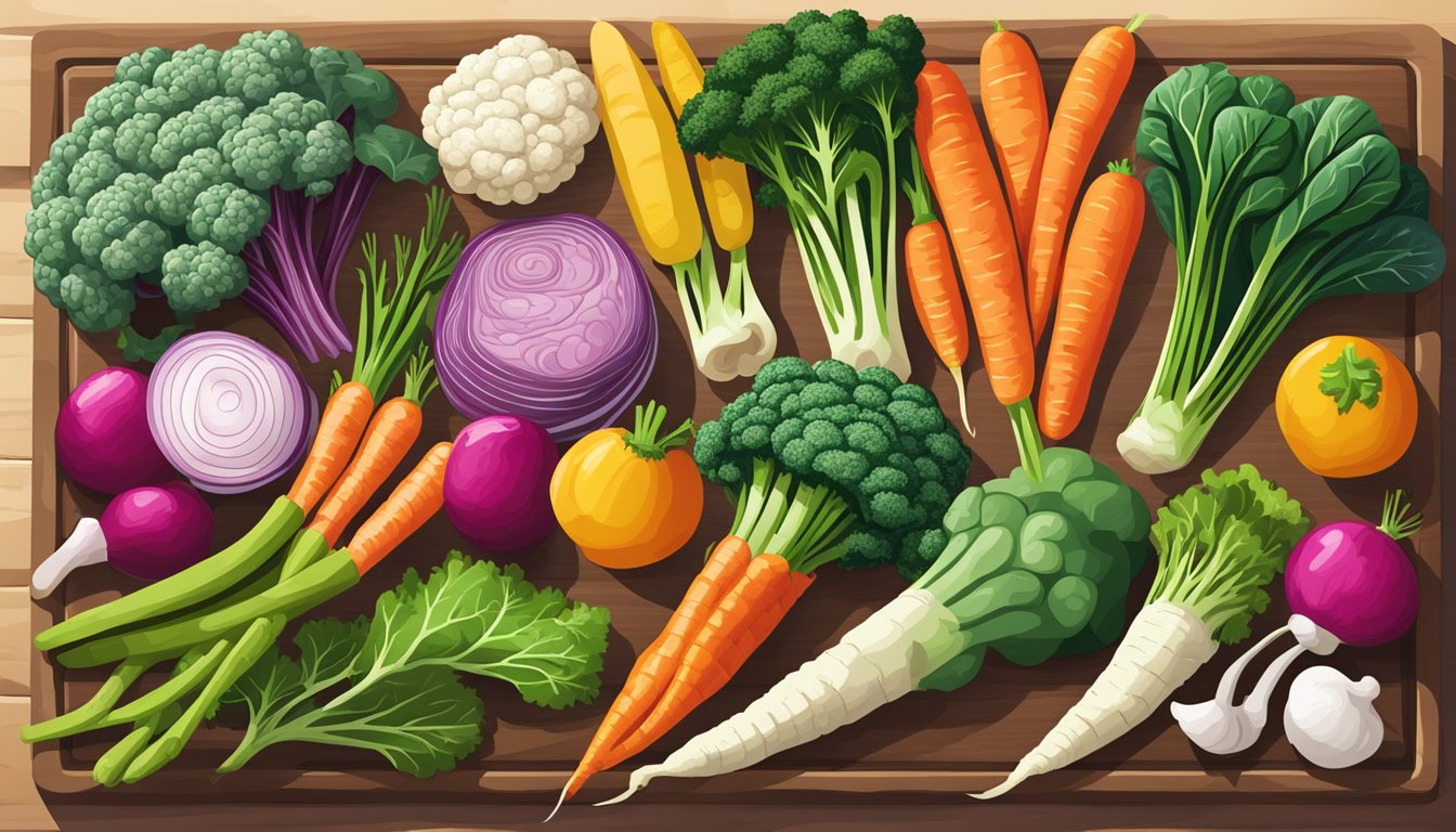 A colorful array of fresh March vegetables arranged on a wooden cutting board, including carrots, kale, spinach, broccoli, cauliflower, radishes, and asparagus