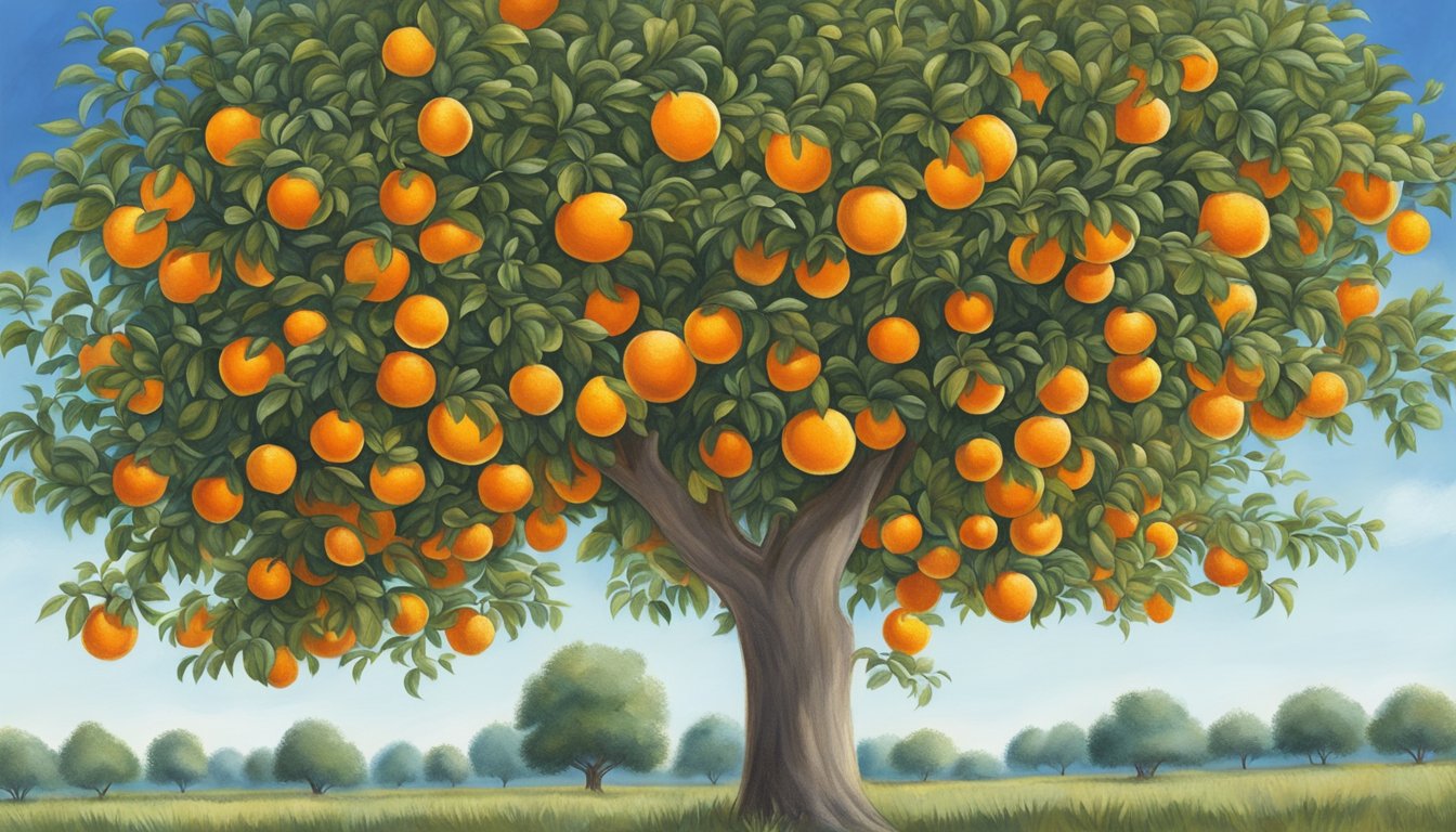 A vibrant orange tree in a Texas orchard, laden with ripe fruit and surrounded by lush green leaves under a clear blue winter sky