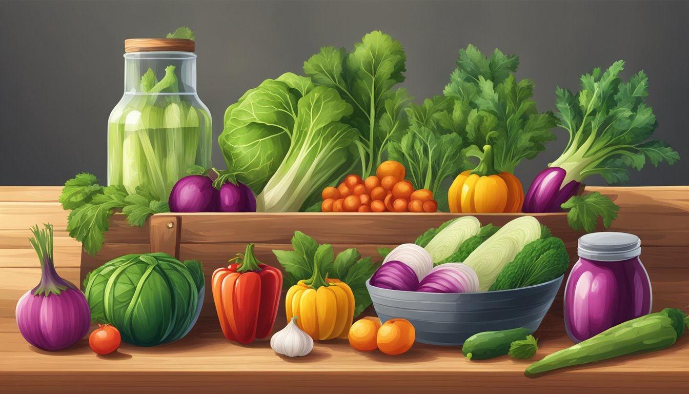 A colorful array of 7 seasonal vegetables arranged on a wooden cutting board, surrounded by baskets and jars for storing