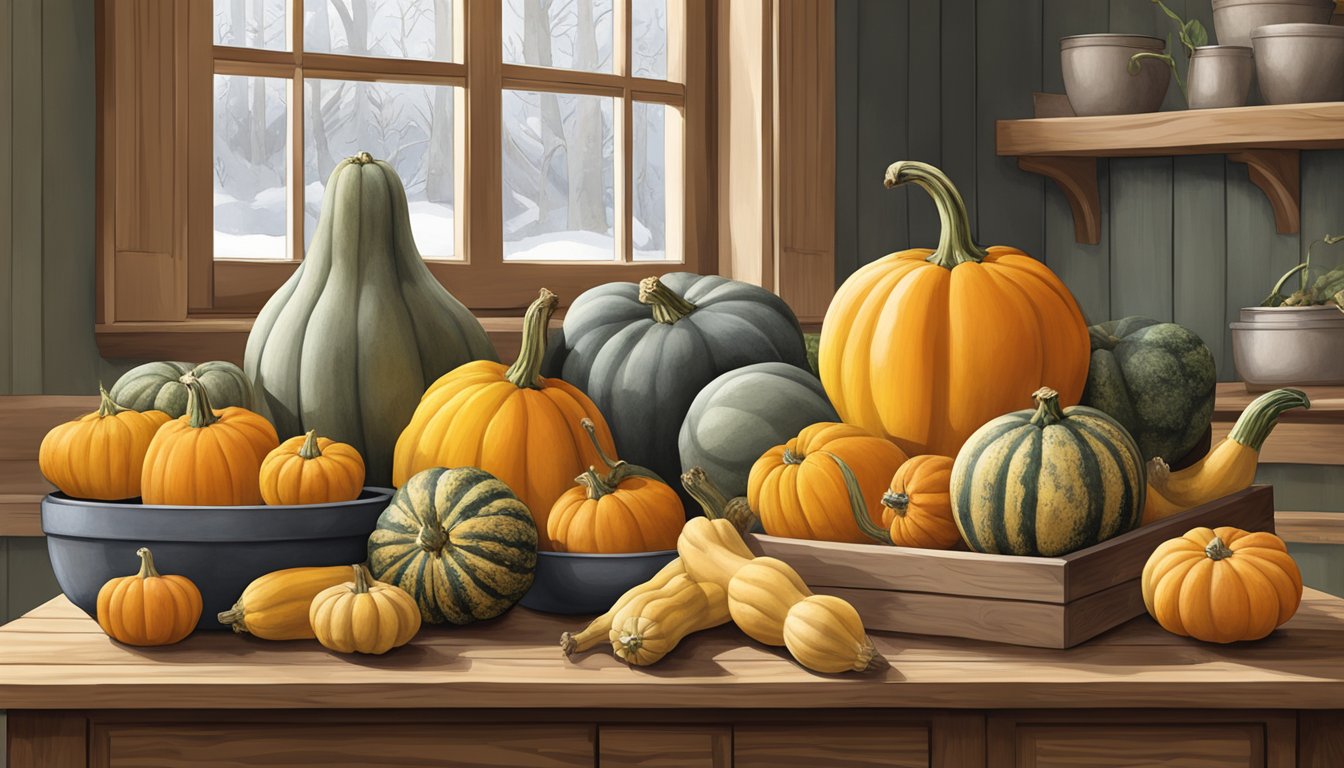 A rustic kitchen table with a variety of winter squash, including butternut squash, arranged in an artful display