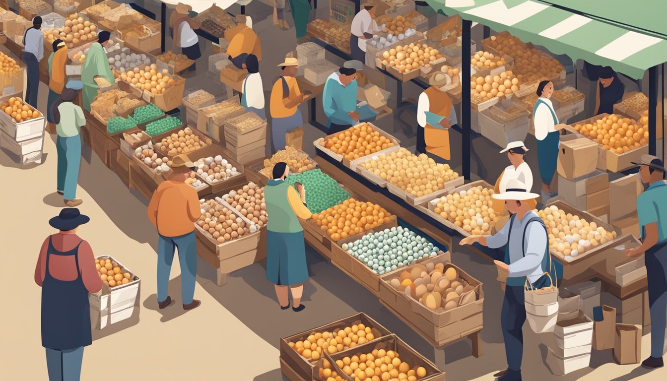 A farmer's market stall with various types of eggs displayed in cartons and baskets, surrounded by customers inspecting and purchasing them