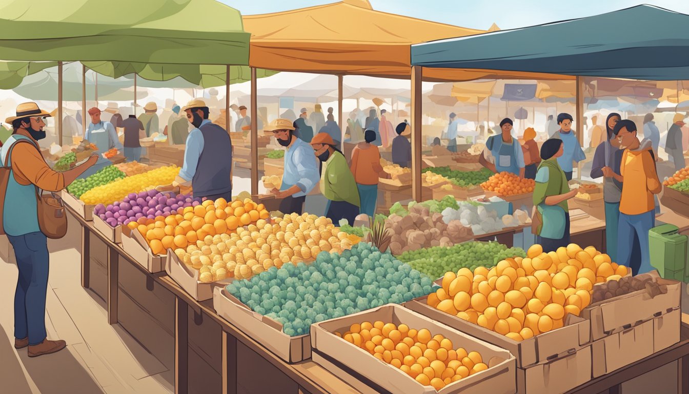 A bustling farmer's market with colorful egg cartons displayed on wooden tables, surrounded by smiling vendors and eager customers