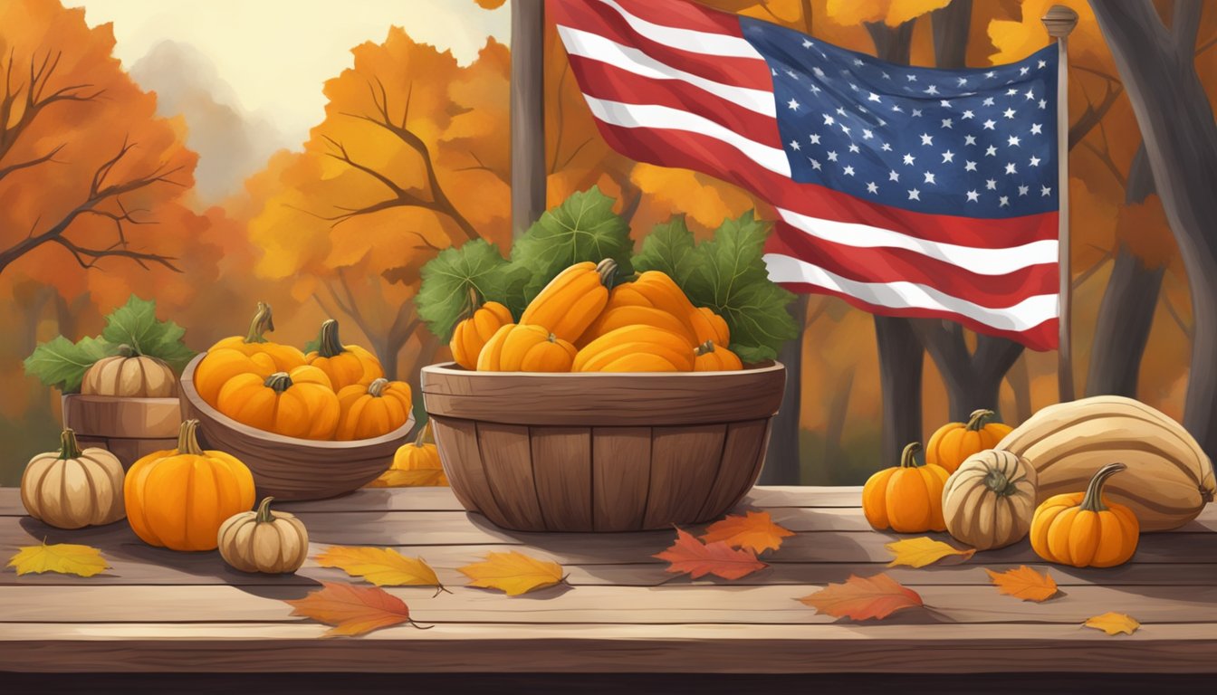 A rustic wooden table with various sizes of butternut squash, surrounded by fall leaves and a Texas flag in the background