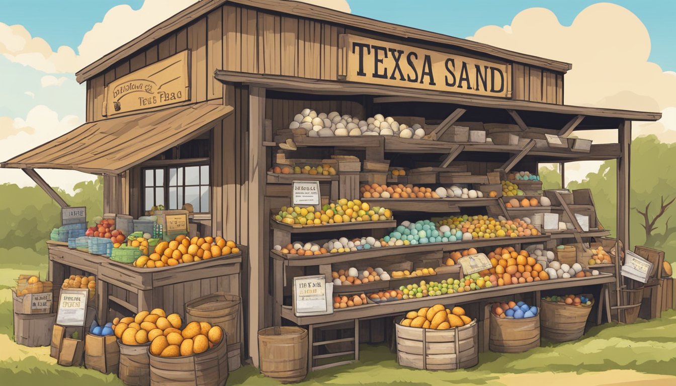 A rustic Texas farm stand with a colorful array of fresh eggs on display. Customers browse and select from the various cartons