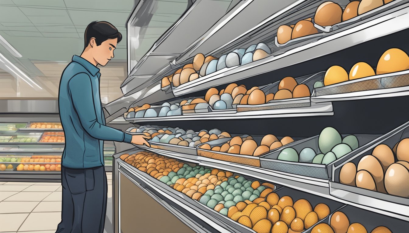 A person selecting eggs from a refrigerated shelf in a grocery store in Texas