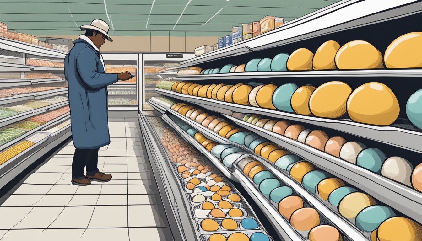 A person selecting eggs from a refrigerated section in a grocery store in Texas