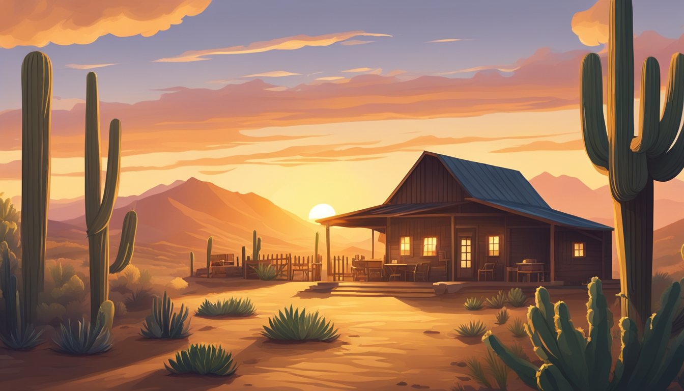 A rustic Texan ranch with a smoky barbecue pit, surrounded by rolling hills and tall cacti, with a warm, golden sunset casting long shadows