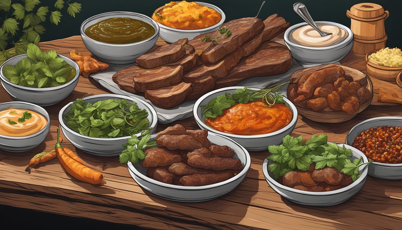 A rustic wooden table adorned with a spread of smoky meats, accompanied by bowls of rich, tangy sauces and vibrant, fresh herbs and spices