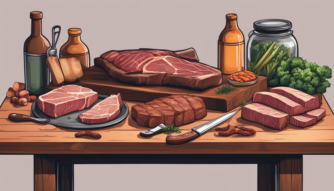 A butcher's table displaying various cuts of meat, from ribs to brisket, with a selection of knives and tools for preparing and cooking