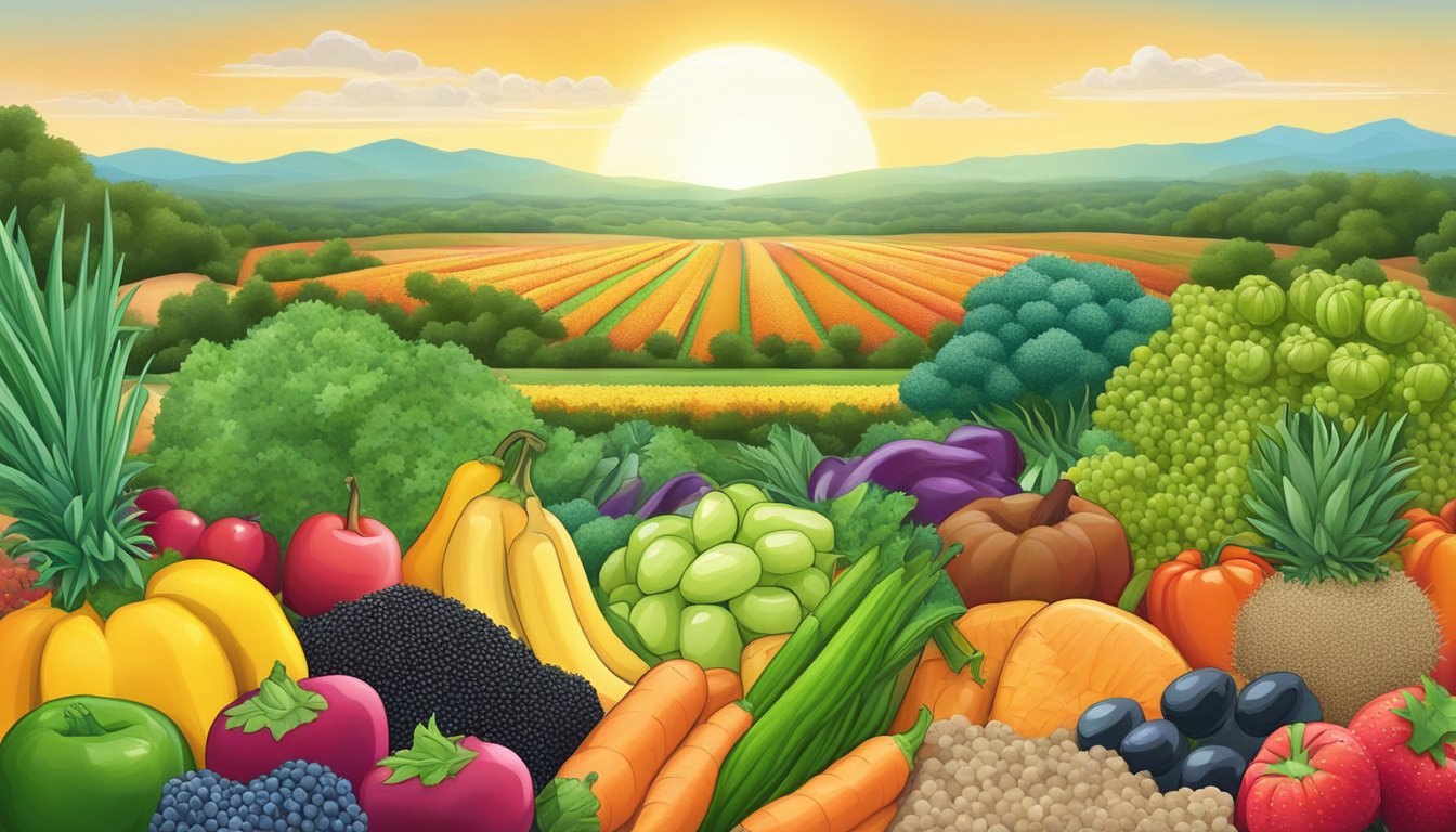 A colorful array of chia seeds, surrounded by vibrant fruits and vegetables, with the Texas landscape in the background