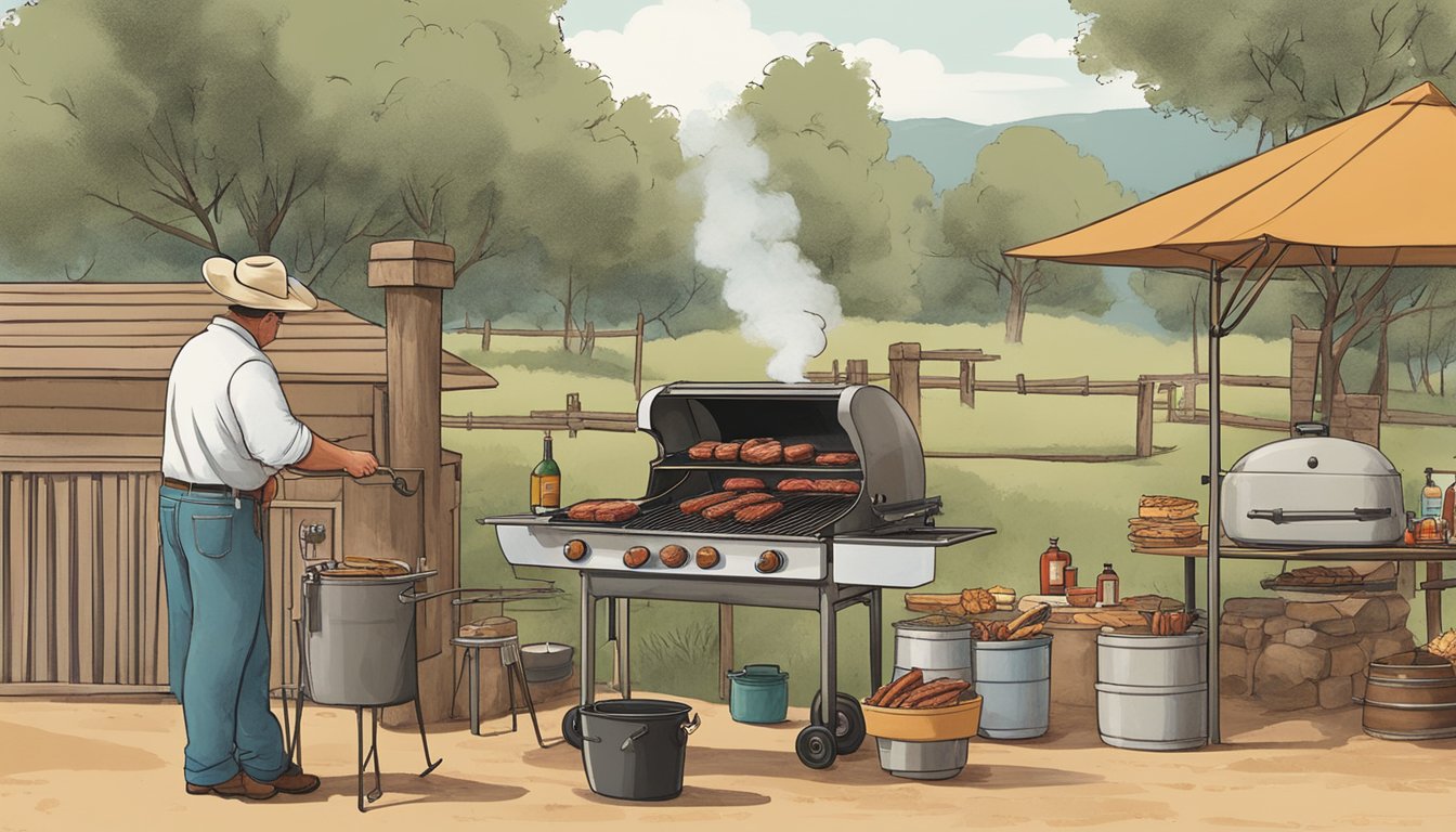 A Texan ranch with a variety of barbecue equipment set up outdoors, including smokers, grills, and fire pits. A pitmaster tends to the meats, using different techniques to achieve tender, flavorful results