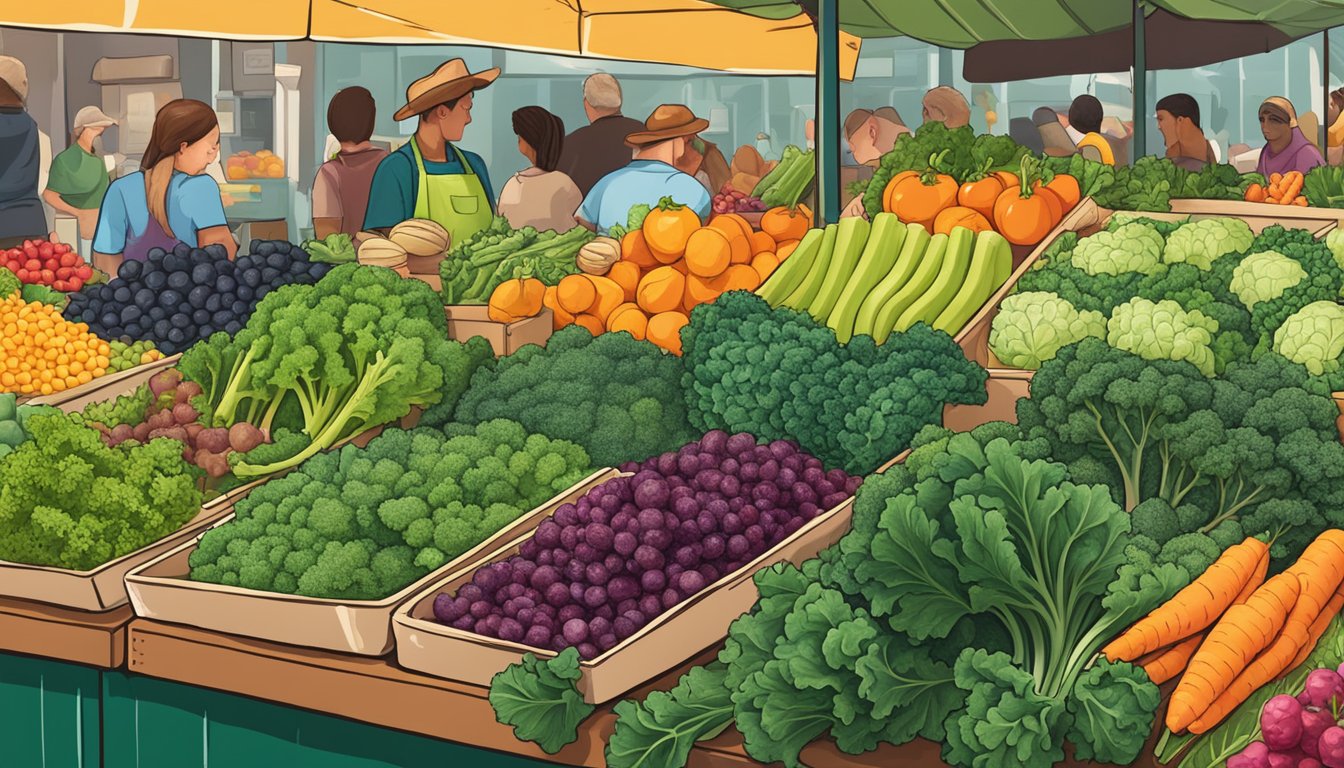 A vibrant Texas farmer's market stall overflowing with kale and 9 other superfoods