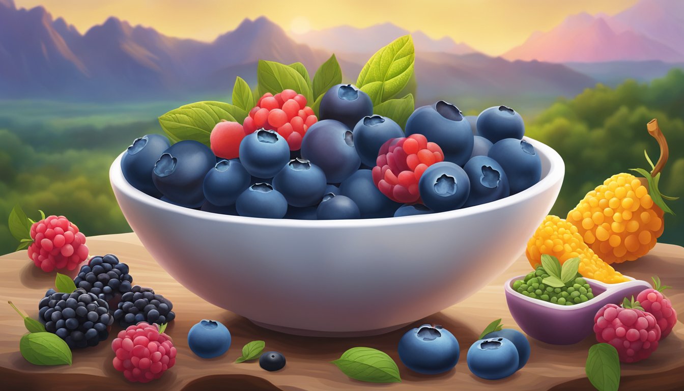 A vibrant bowl of fresh blueberries surrounded by a variety of other colorful superfoods, set against a backdrop of the Texas landscape