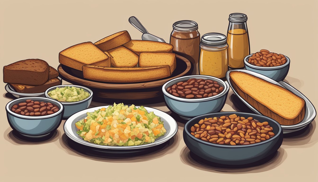 A rustic Texan table setting with a spread of sides and accompaniments, including cornbread, coleslaw, baked beans, and pickles, alongside tender barbecue meats