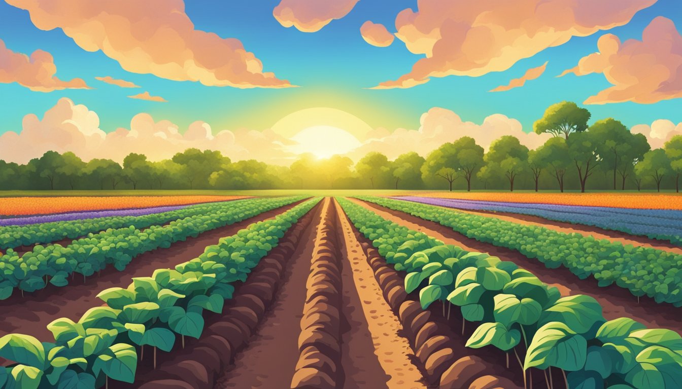 A vibrant Texas farm scene with rows of sweet potato plants under a sunny sky, surrounded by other superfood crops