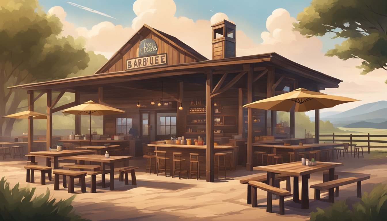 A rustic Texas barbecue joint with a smoky pit, wooden tables, and a friendly atmosphere, surrounded by rolling hills and big open skies